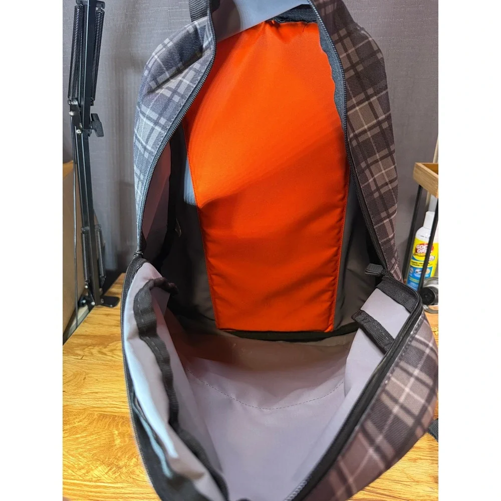 Yak Pak Grey Plaid Backpack with Orange Zipper Accents Men's School Travel Bag